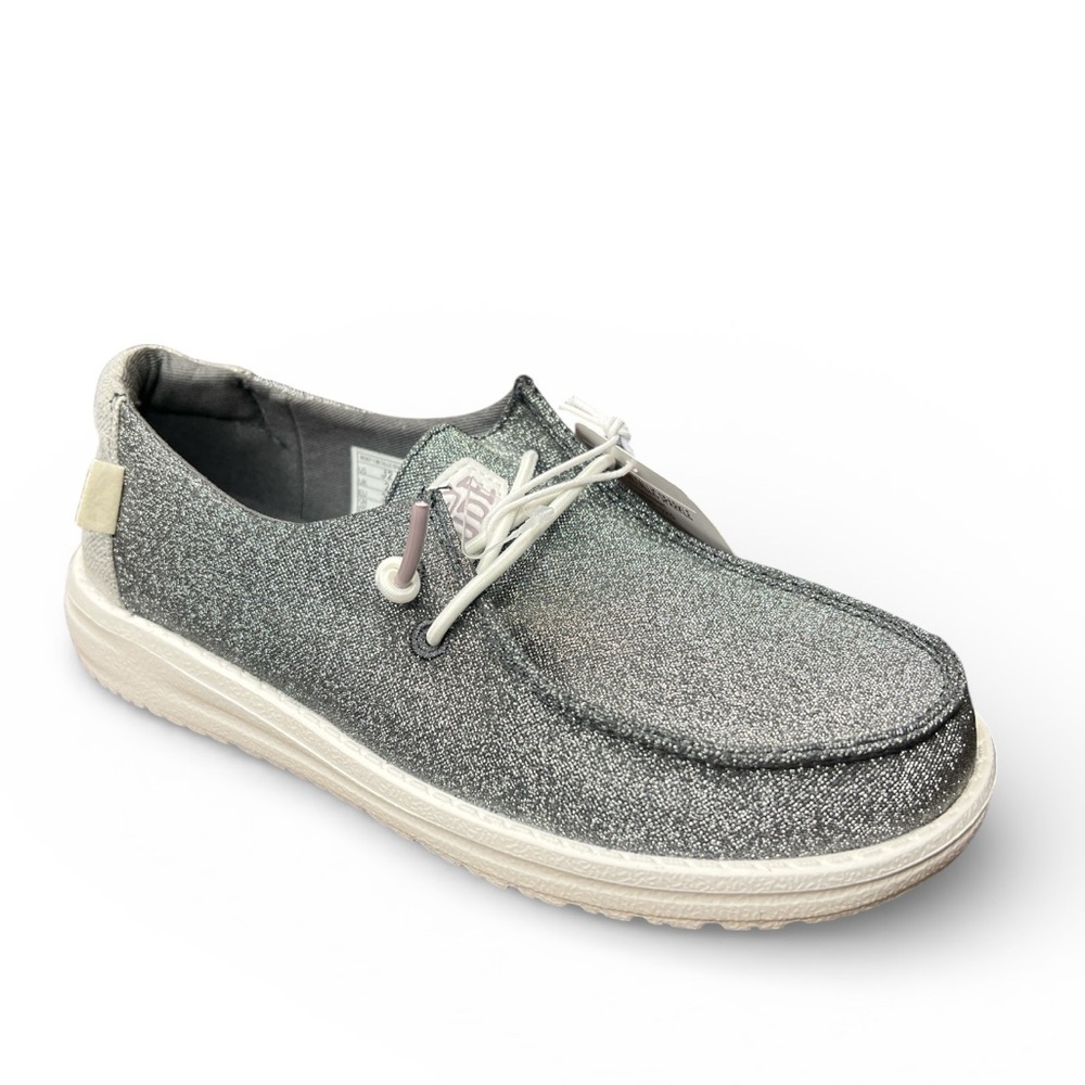 Hey Dude Wendy Metallic Charcoal Grey Youth Size 2 Lace Up Moccasin New - Picture 3 of 9